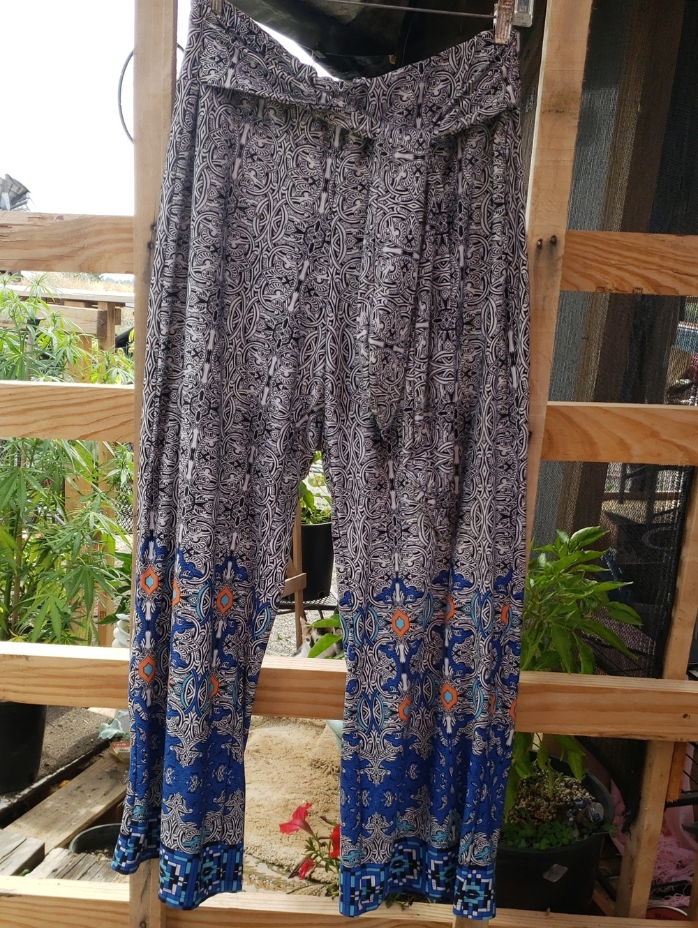 Robert Louis Wide Leg Palazzo Pants Size PL Petite Large Blue Boho Border Print